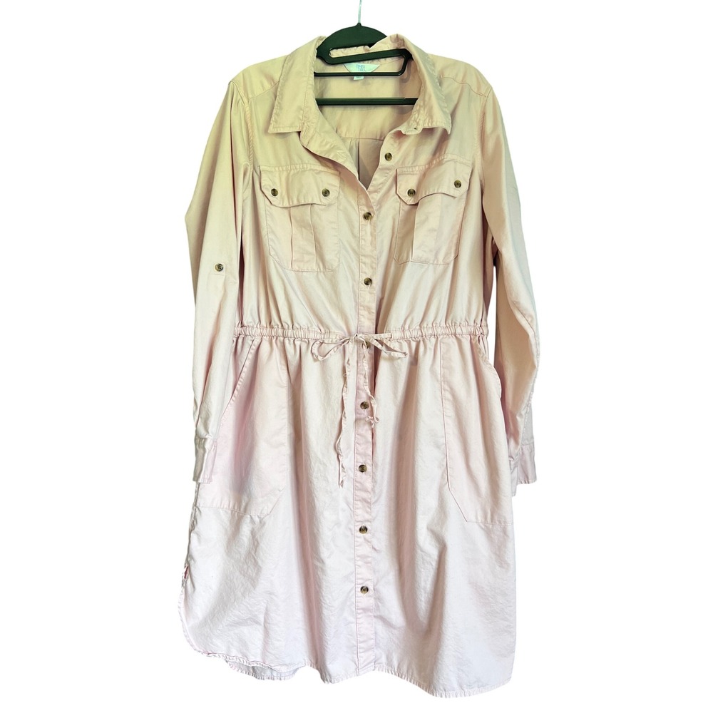 Time and Tru Pink Utility Shirt Dress Long Sleeve Drawstring Waist Womens L